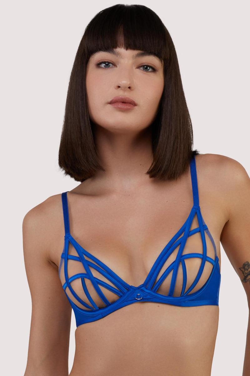 playful promises Ramona Cobalt Blue Strap Detail Illusion Sheer Plunge Bra