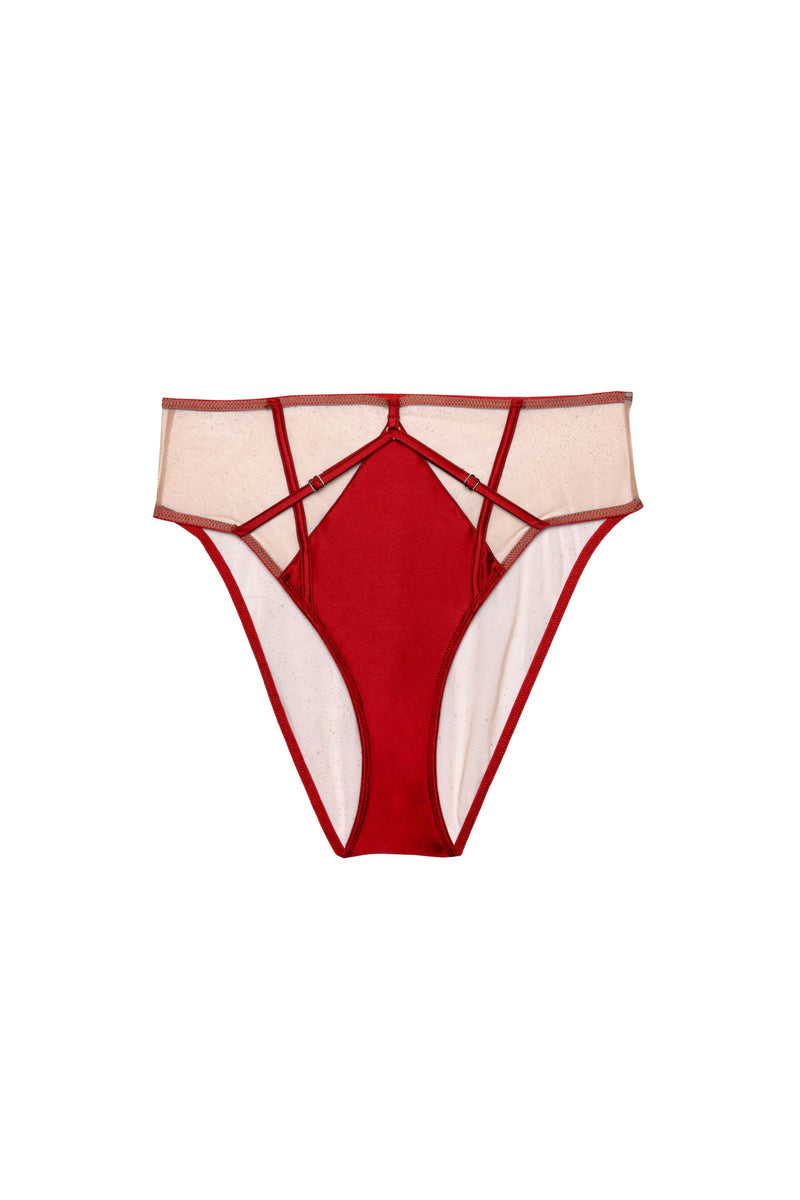Playful Promises Ramona Ruby Red Strap Detail Illusion Mesh High Waisted Brief