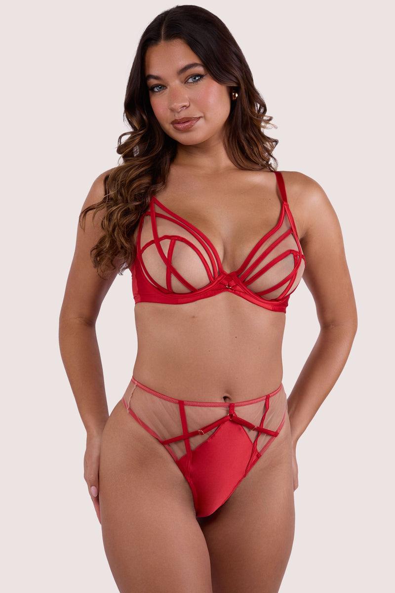 Playful Promises Ramona Ruby Red Strap Detail Illusion Mesh High Waisted Thong