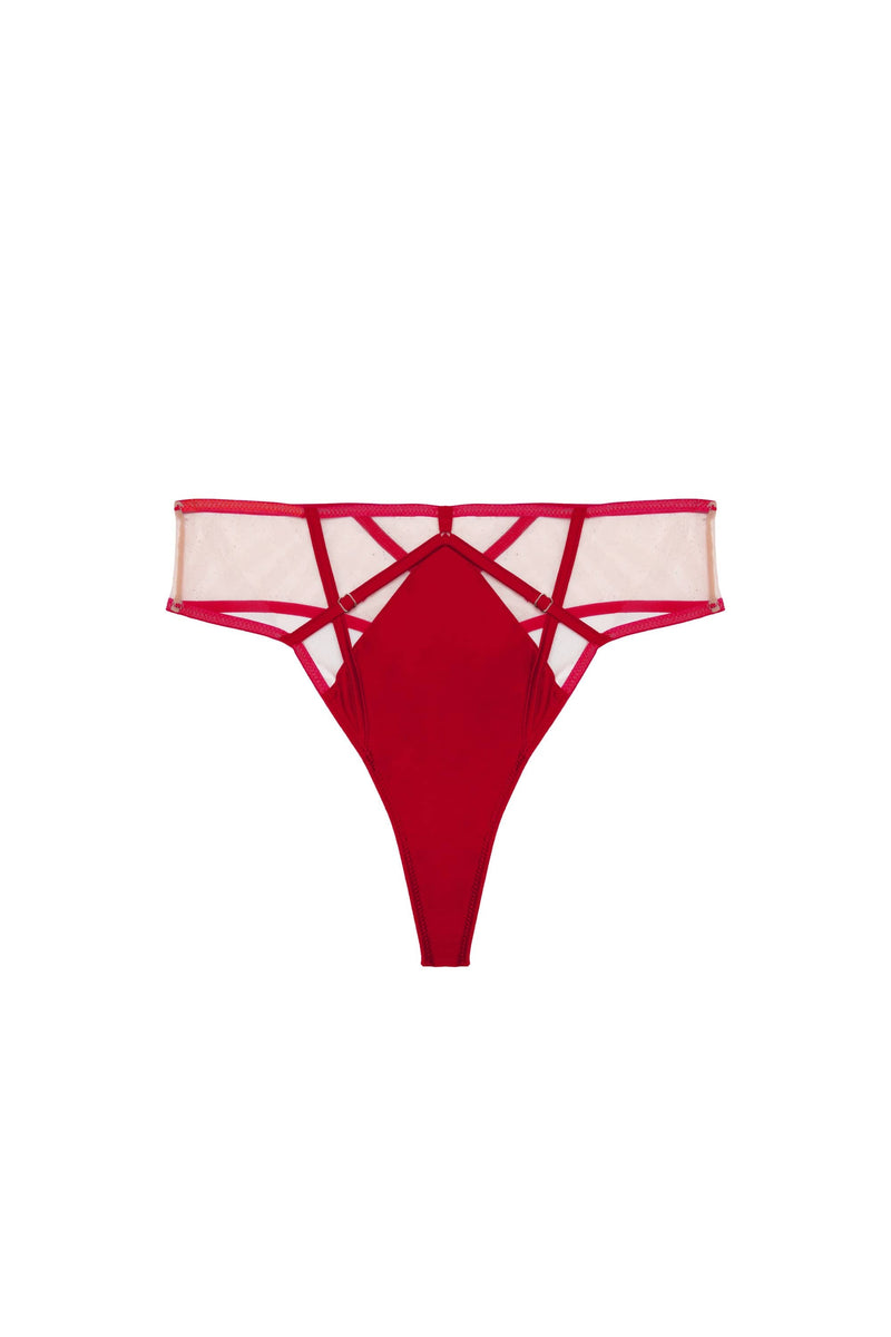 Playful Promises Ramona Ruby Red Strap Detail Illusion Mesh High Waisted Thong