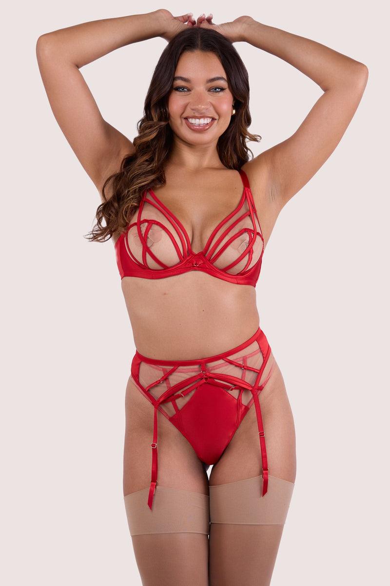 Playful Promises Ramona Ruby Red Strap Detail Illusion Mesh Suspender