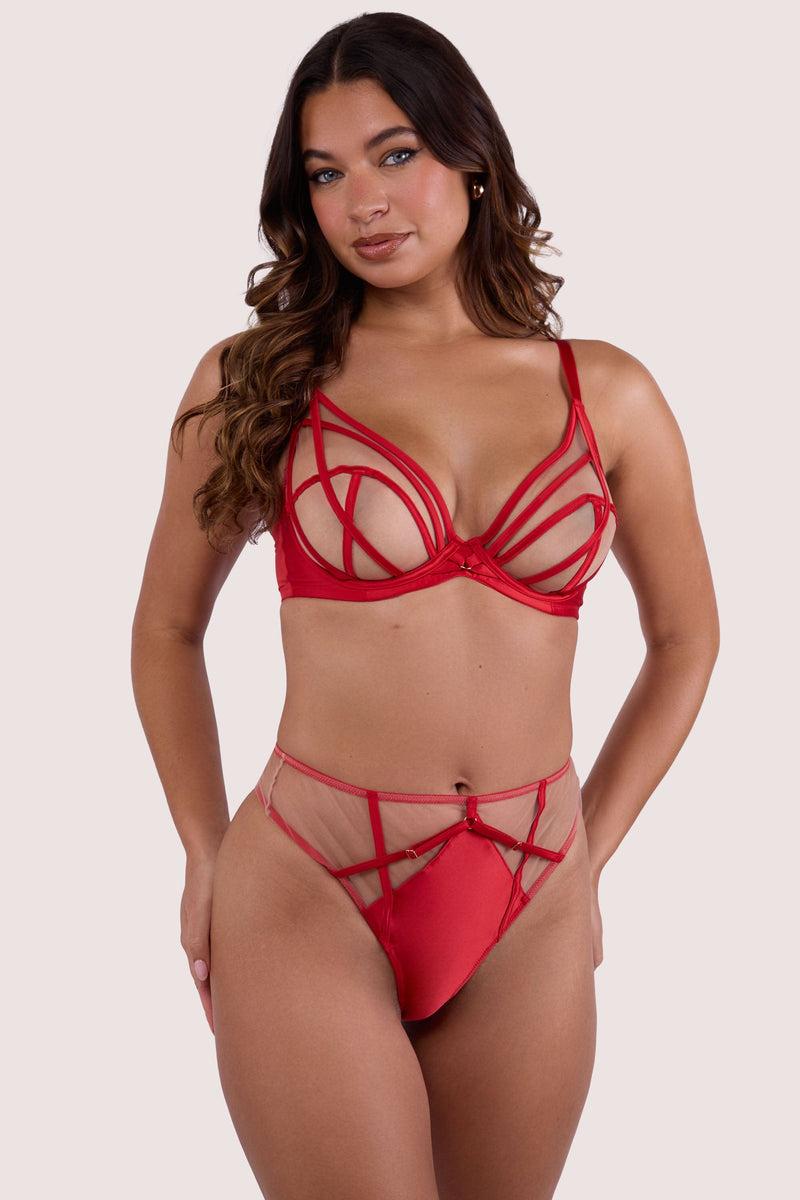 Playful Promises Ramona Ruby Red Strap Detail Illusion Sheer Plunge Bra