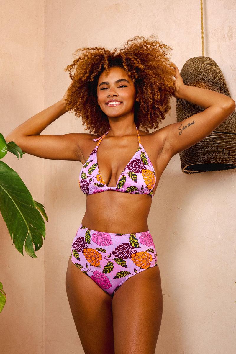 Playful Promises Riley Mix & Match Pink Palm Print High Waisted Bikini Bottom