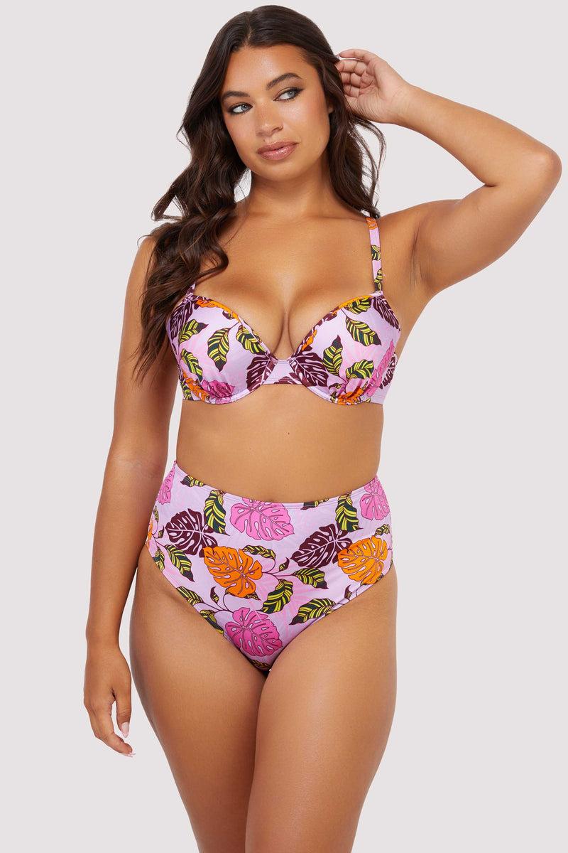 Playful Promises Riley Mix & Match Pink Palm Print High Waisted Bikini Bottom