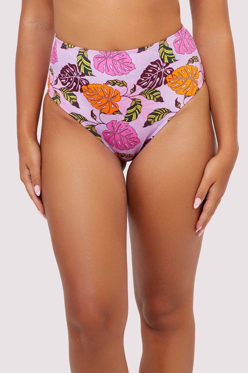 playful promises Riley Mix & Match Pink Palm Print High Waisted Bikini Bottom