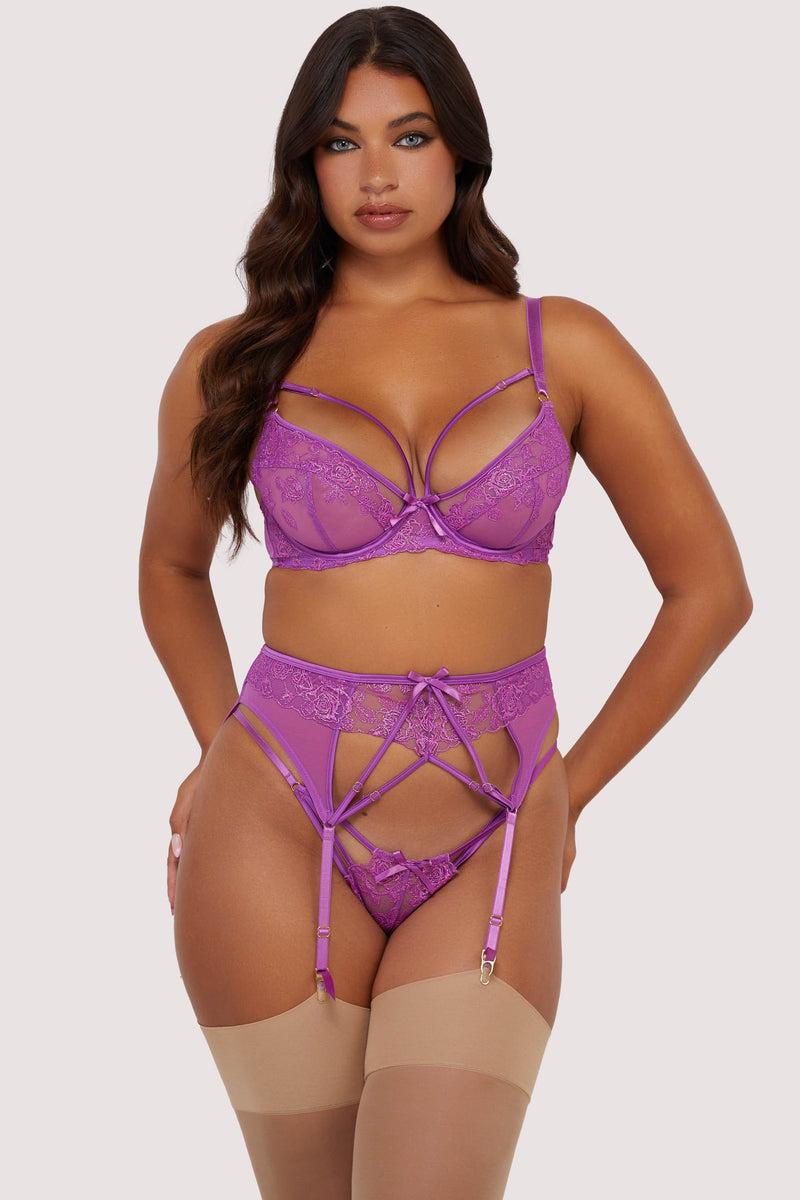 Playful Promises Rosanna Purple Embroidery Suspender Belt