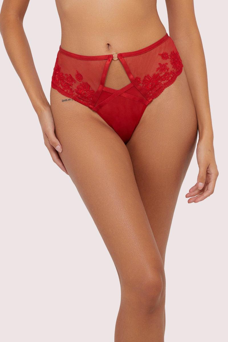 Playful Promises Sarina Red Embroidery High Waist Suspender Brief