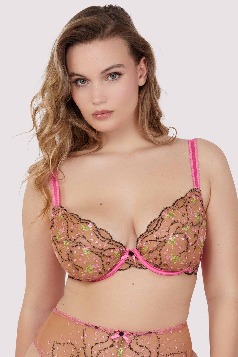 Playful Promises Spank Me Pink And Nude Custom Embroidery Plunge Bra