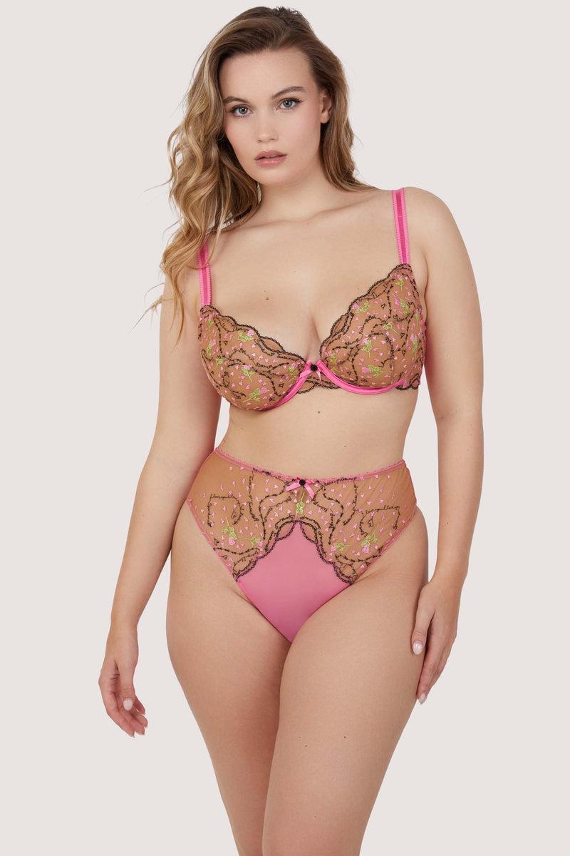 Playful Promises Spank Me Pink And Nude Custom Embroidery Plunge Bra