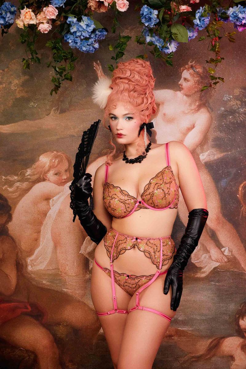 playful promises Spank Me Pink and Nude Custom Embroidery Plunge Bra