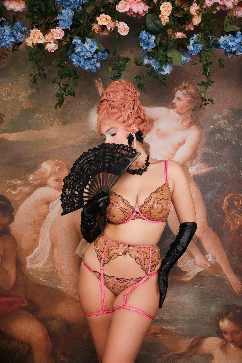 Playful Promises Spank Me Pink And Nude Custom Embroidery Suspender Belt