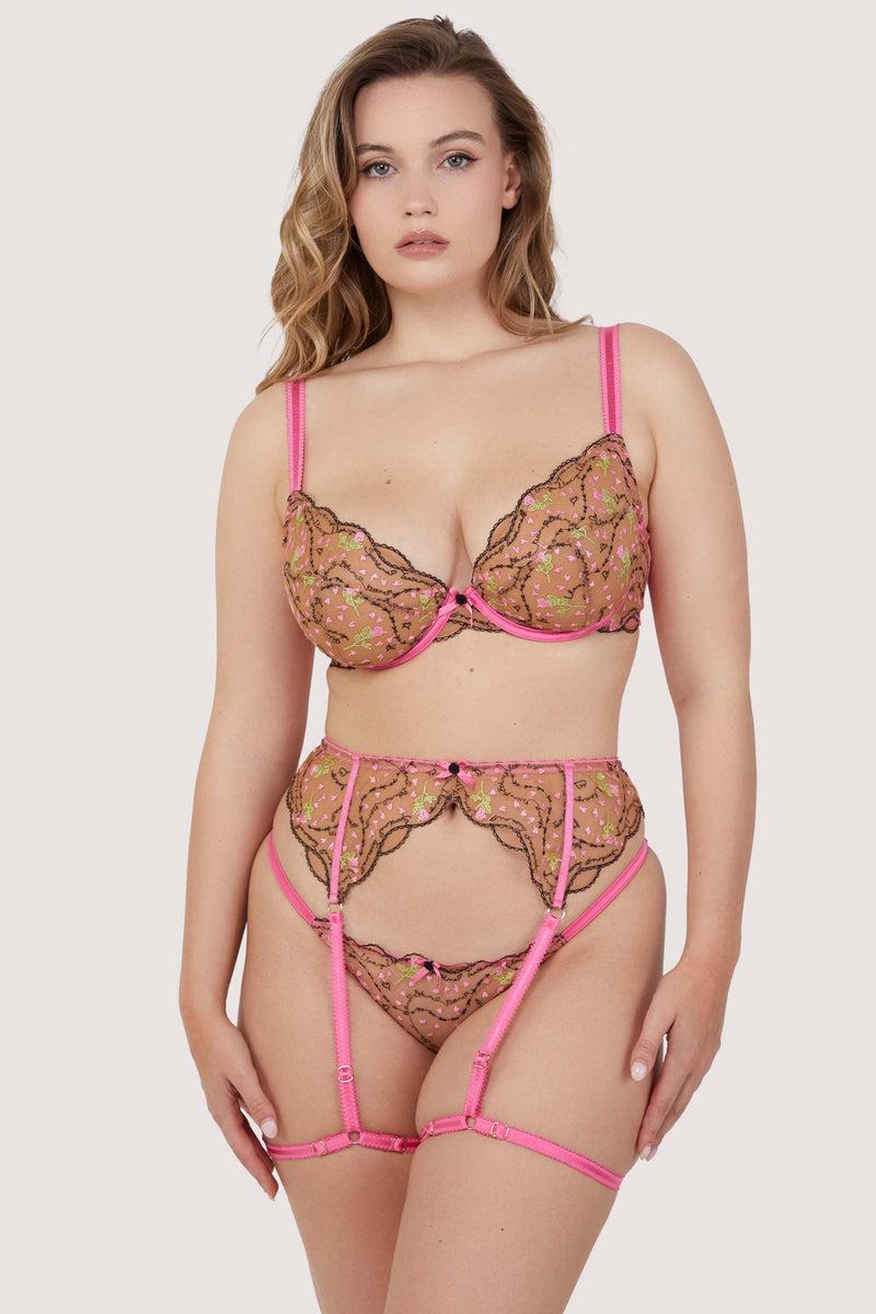 Playful Promises Spank Me Pink And Nude Custom Embroidery Suspender Belt