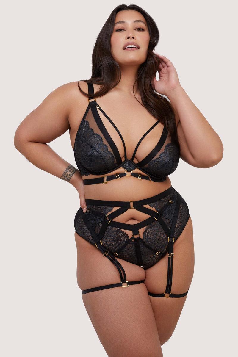 Playful Promises Tabitha Black Wet-look Lace Harness Suspender