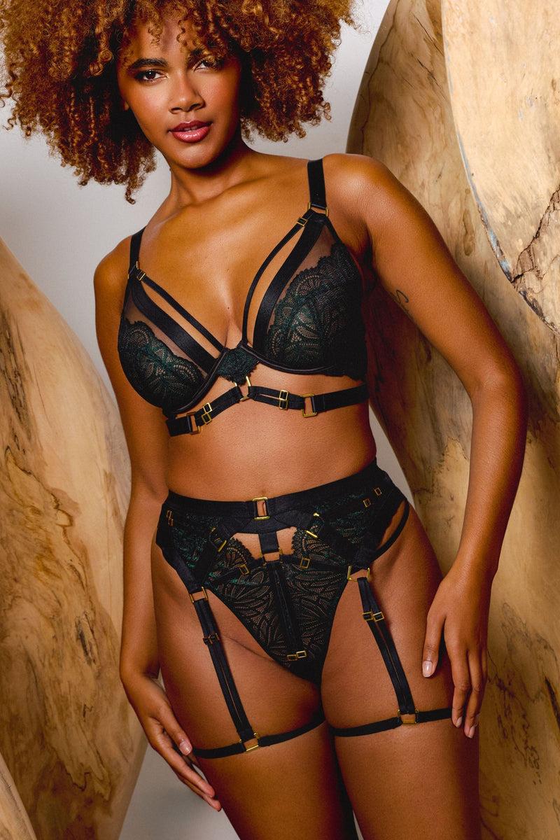 Playful Promises Tabitha Dark Green Wet-Look Lace Harness Suspender