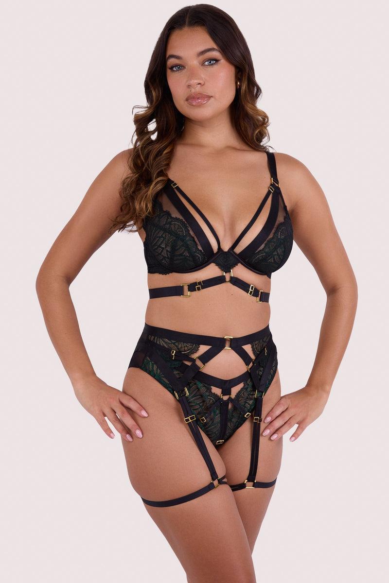 Playful Promises Tabitha Dark Green Wet-Look Lace Harness Suspender