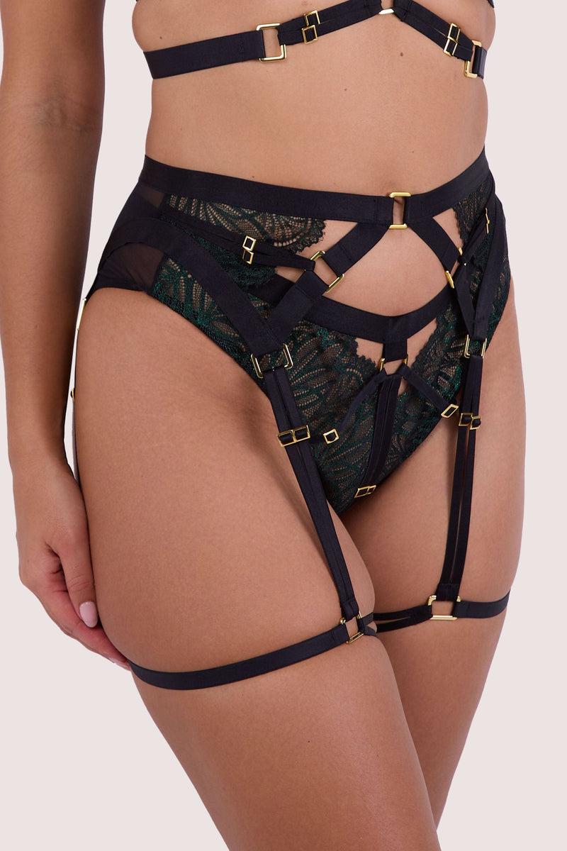 playful promises Tabitha Dark Green Wet-Look Lace Harness Suspender