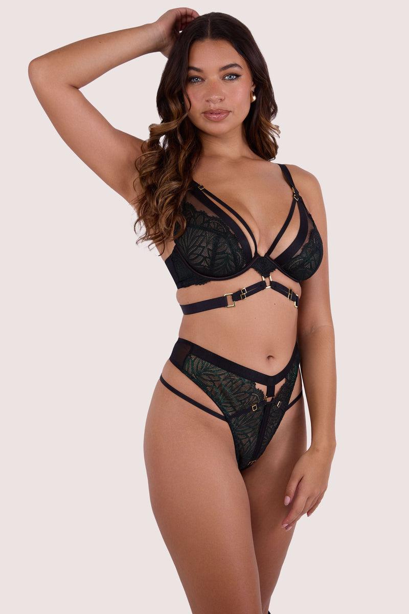 Playful Promises Tabitha Dark Green Wet-Look Lace High Waist Thong