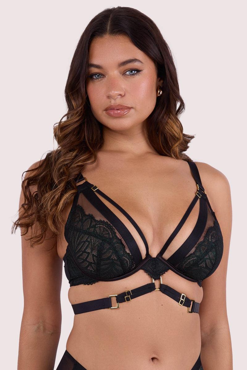 Playful Promises Tabitha Dark Green Wet-Look Lace Plunge Bra
