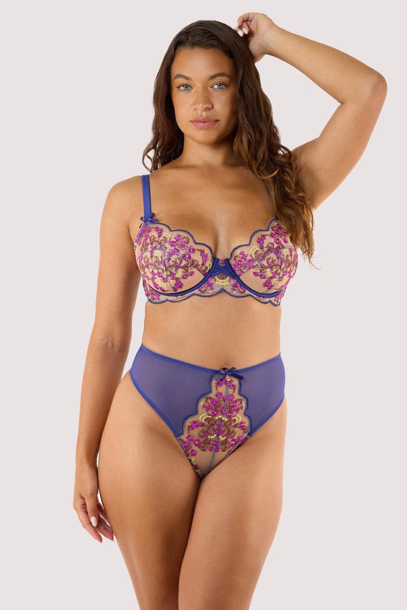 Playful Promises Thea Blue Baroque Embroidery High Waist Thong