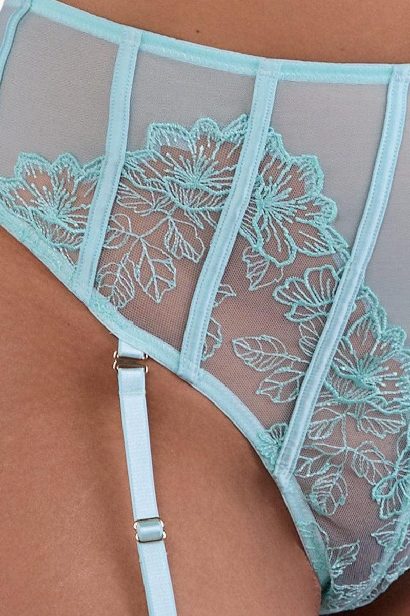 Playful Promises Valerie Aqua Embroidery & Mesh High Waist Suspender Thong