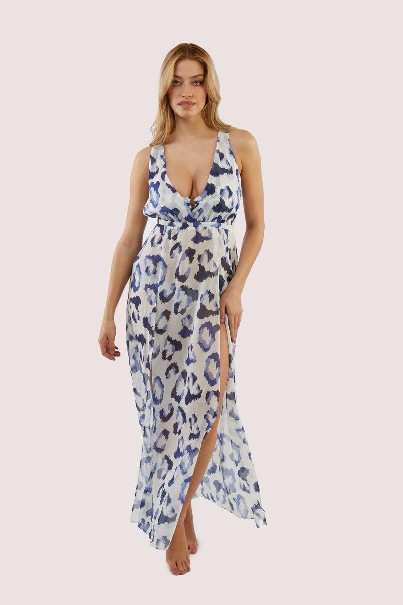 Playful Promises Wolf & Whistle Blue Leopard Beach Dress
