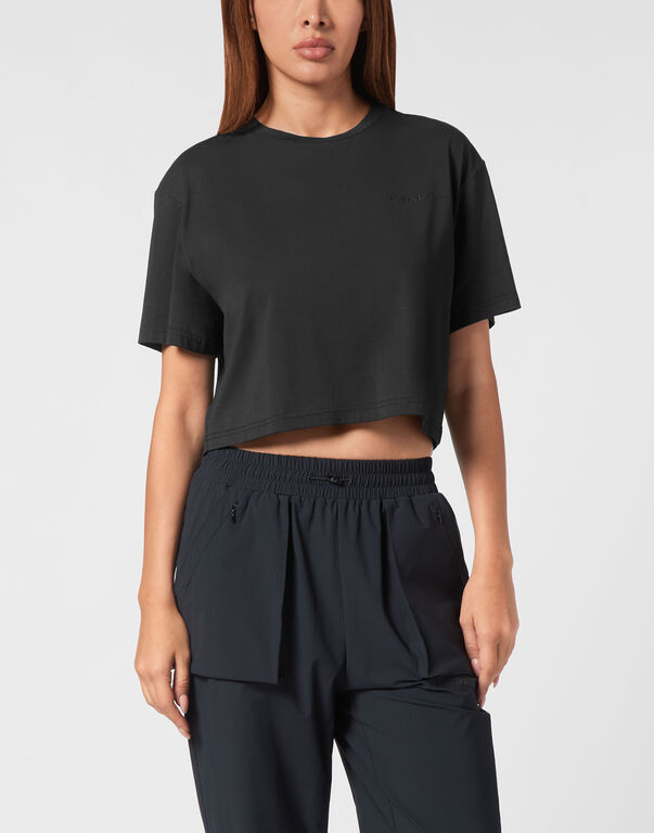 Plein Sport Cotton Cropped T-shirt Round Neck SS Scratch Black
