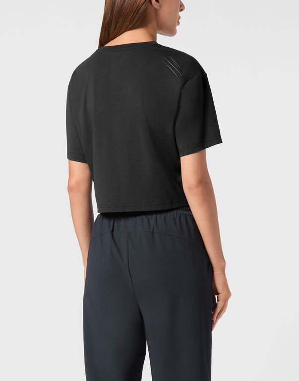 Plein Sport Cotton Cropped T-shirt Round Neck SS Scratch Black