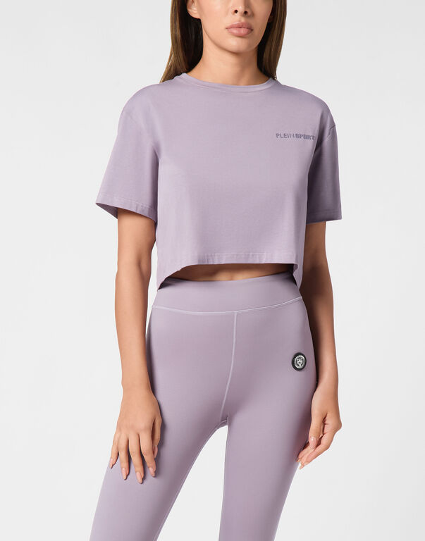 Plein Sport Cotton Cropped T-shirt Round Neck SS Scratch Purple