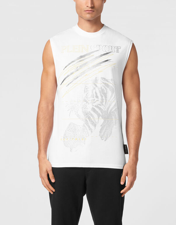 Plein Sport Cotton Dotted T-shirt Round Neck Sleeveless Lamina Tiger White/light Gold