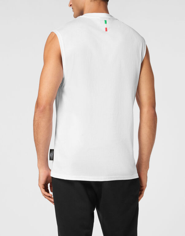 Plein Sport Cotton Dotted T-shirt Round Neck Sleeveless Lamina Tiger White/light Gold