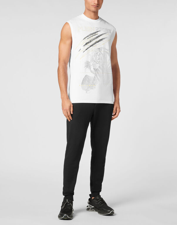 Plein Sport Cotton Dotted T-shirt Round Neck Sleeveless Lamina Tiger White/light Gold
