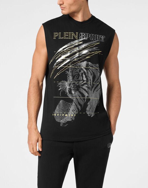 Plein Sport Cotton Dotted T-shirt Round Neck Sleeveless Lamina Tiger Black/silver
