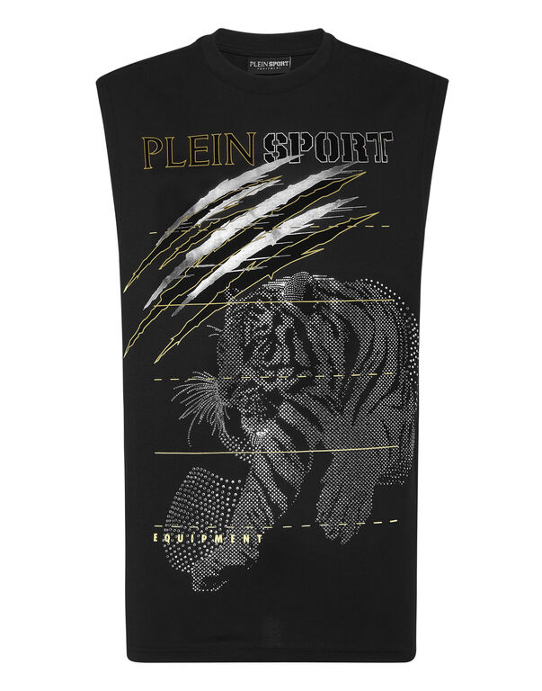 plein sport Cotton Dotted T-shirt Round Neck Sleeveless Lamina Tiger black/silver