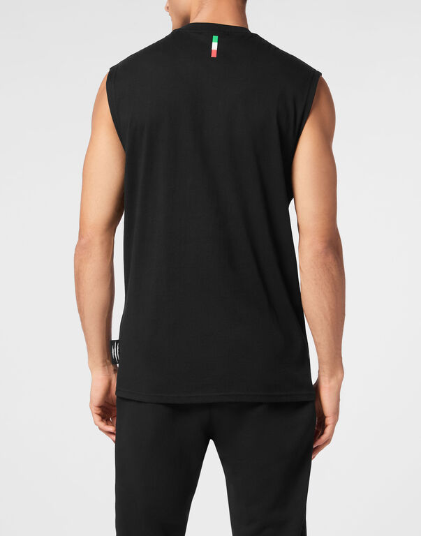 Plein Sport Cotton Dotted T-shirt Round Neck Sleeveless Lamina Tiger Black/light Gold