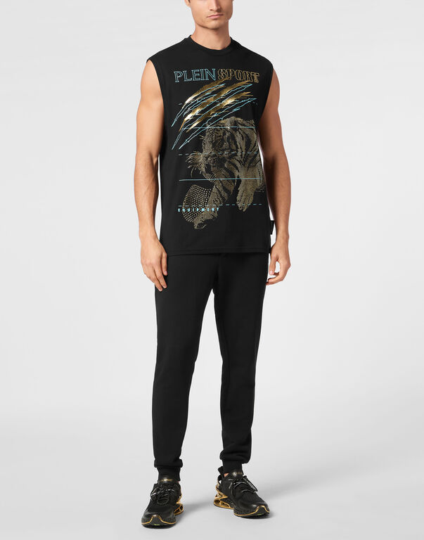 Plein Sport Cotton Dotted T-shirt Round Neck Sleeveless Lamina Tiger Black/light Gold