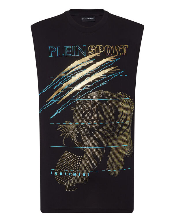 plein sport Cotton Dotted T-shirt Round Neck Sleeveless Lamina Tiger black/light gold