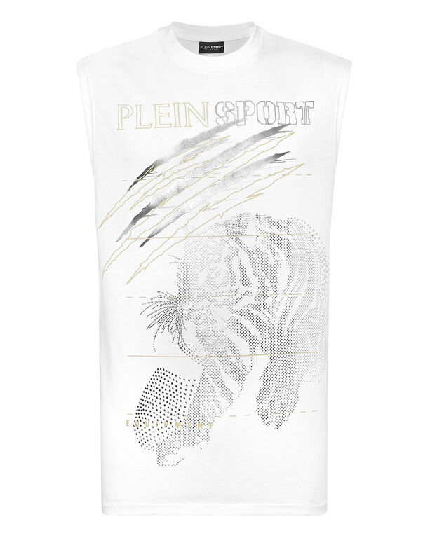 plein sport Cotton Dotted T-shirt Round Neck Sleeveless Lamina Tiger white/light gold