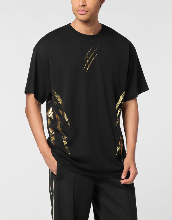 Plein Sport Cotton Round Neck T-Shirt Body Lines Black/light Gold