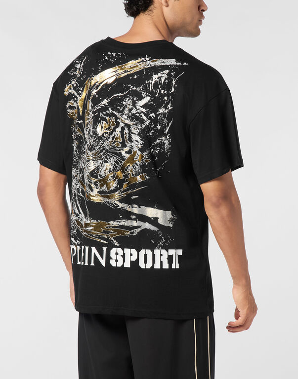 Plein Sport Cotton Round Neck T-Shirt Iron Tiger Black/light Gold