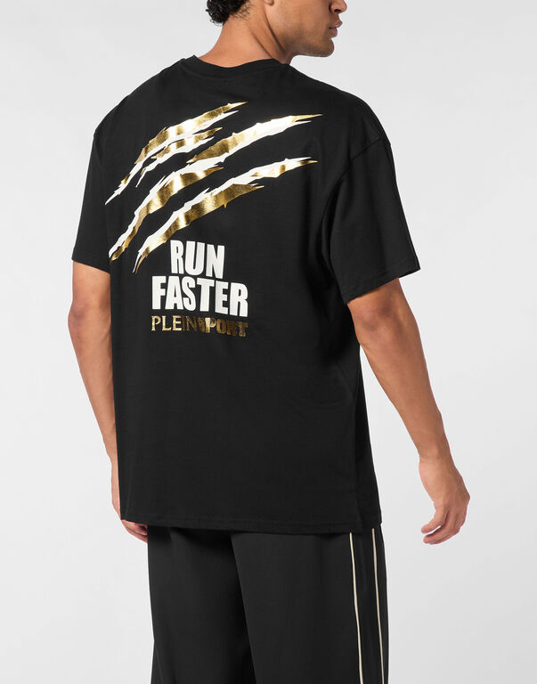 Plein Sport Cotton Round Neck T-Shirt Run Faster Scratch Black/light Gold