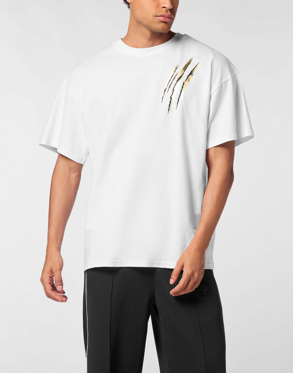 Plein Sport Cotton Round Neck T-Shirt Run Faster Scratch White/light Gold