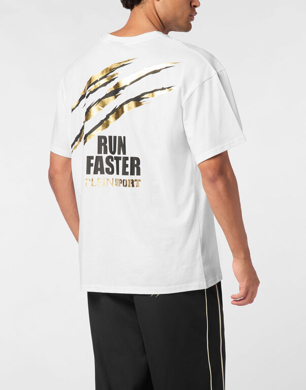Plein Sport Cotton Round Neck T-Shirt Run Faster Scratch White/light Gold