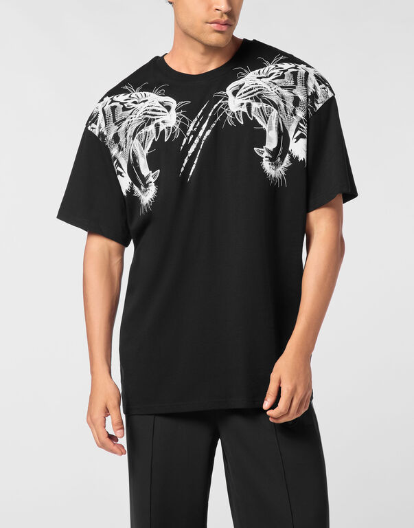 Plein Sport Cotton Round Neck T-Shirt Tiger Line Black