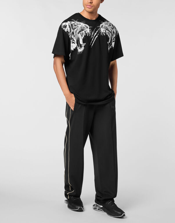 Plein Sport Cotton Round Neck T-Shirt Tiger Line Black