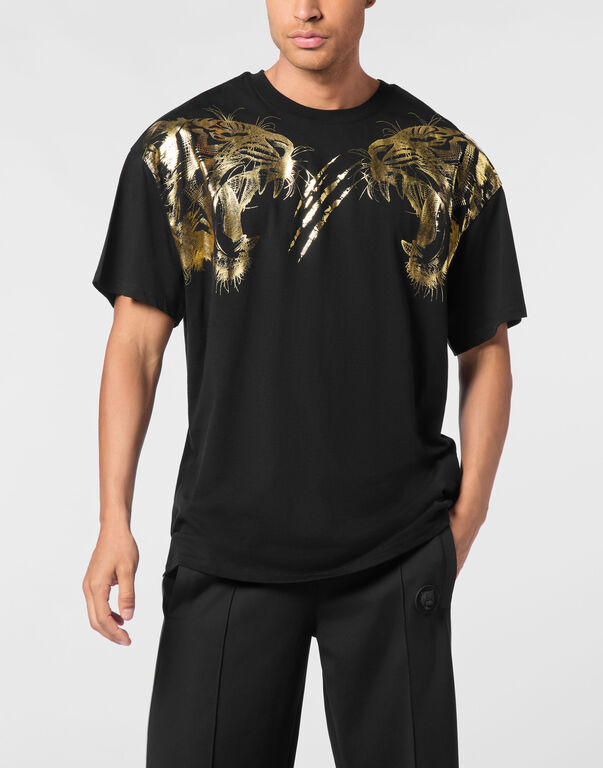 Plein Sport Cotton Round Neck T-Shirt Tiger Line Black/light Gold
