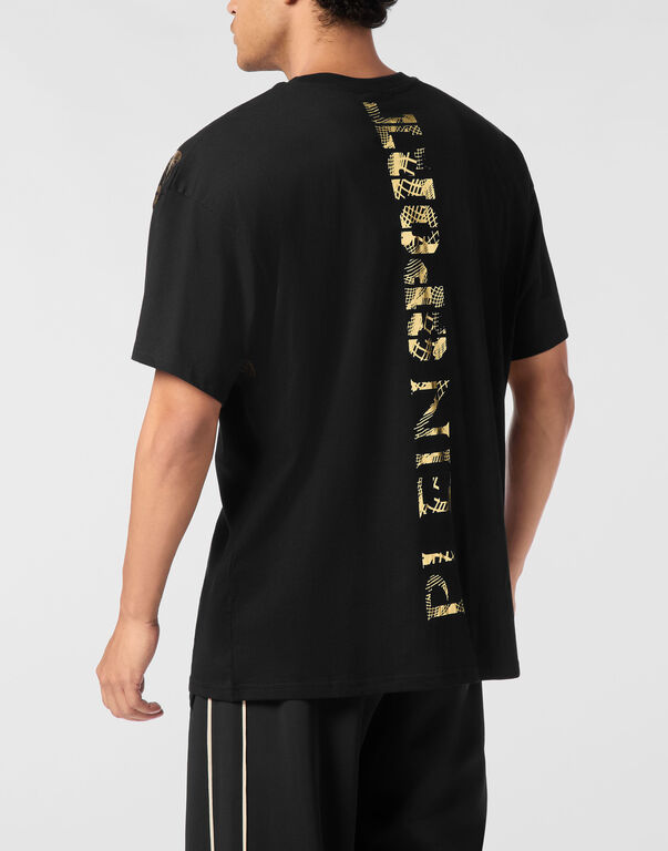 Plein Sport Cotton Round Neck T-Shirt Tiger Line Black/light Gold