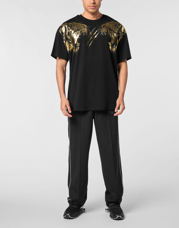 Plein Sport Cotton Round Neck T-Shirt Tiger Line Black/light Gold