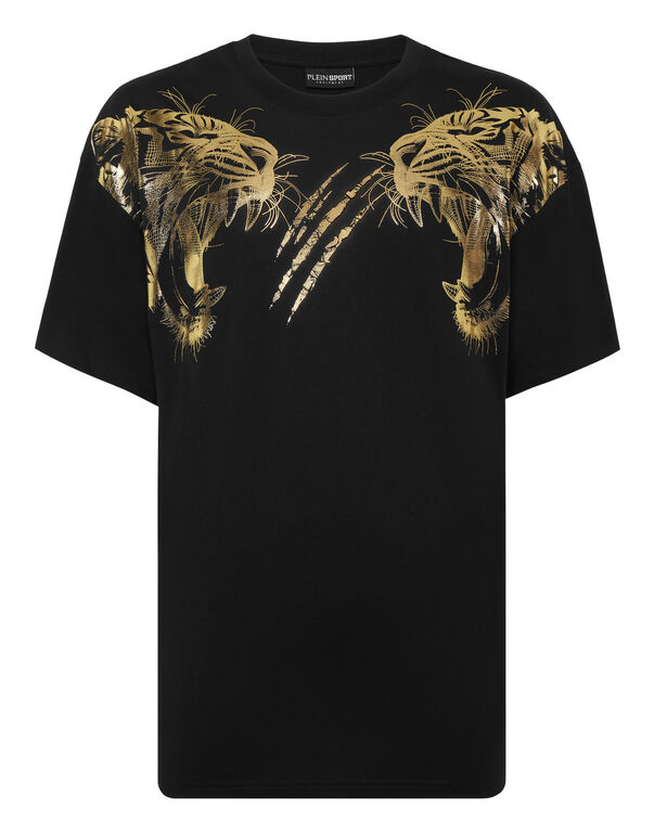 plein sport Cotton Round Neck T-Shirt Tiger Line black/light gold
