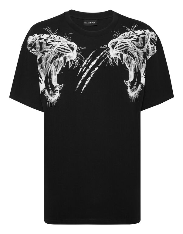 plein sport Cotton Round Neck T-Shirt Tiger Line black