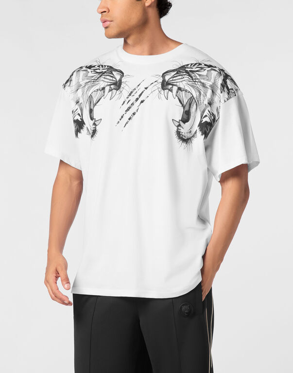 Plein Sport Cotton Round Neck T-Shirt Tiger Line White